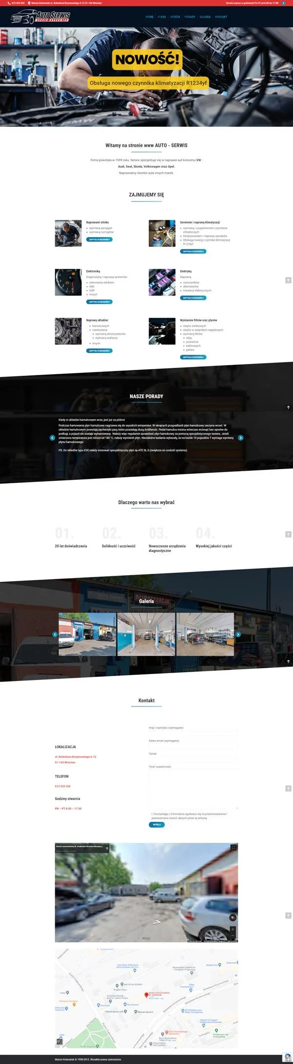 Pełny podgląd projektu strony Auto Serwis Marcin Krakowiak